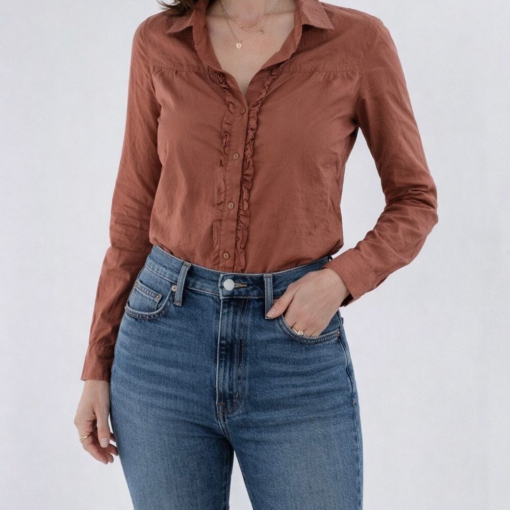 NWT Fei Anthropologie Rust Ruffle Front Button Down Long Sleeve Top Size 6